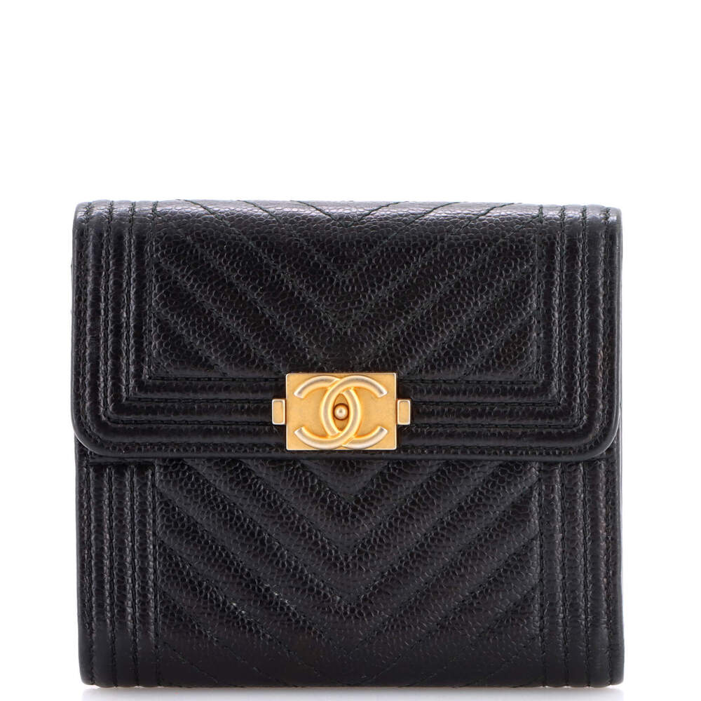 Chanel Small Boy Trifold Flap Wallet Chevron Caviar